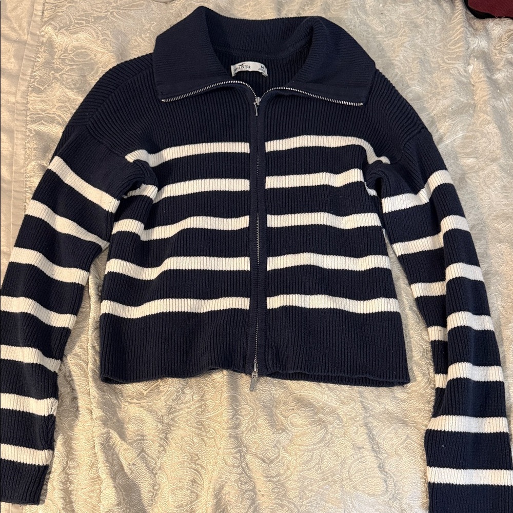 Hollister Navy and White Striped Cardigan